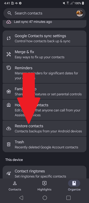 Restore contacts from a backup on Google Contacts.