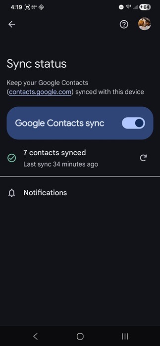Turning on Google Contacts sync.