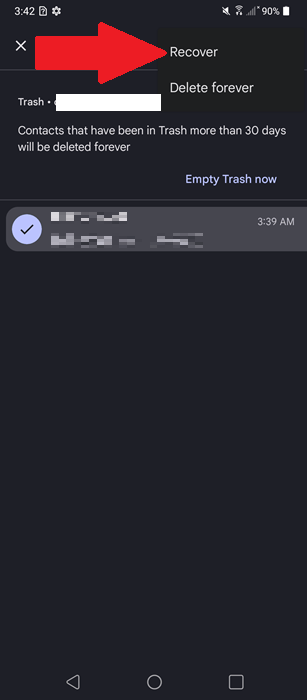 Recovering deleted phone number on Android from Google Contacts trash.