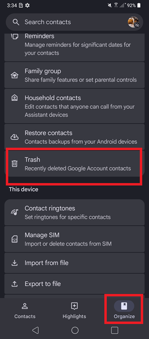 Selecting Trash folder in Google Contacts app on Android.
