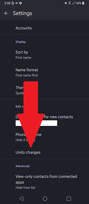 Undoing changes on Google Contacts app.