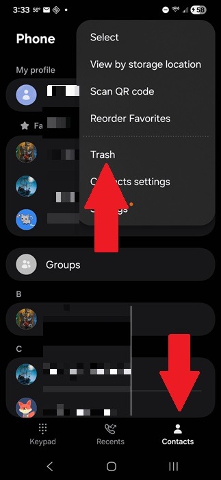 Accessing the Trash folder in the Samsung Phone app.