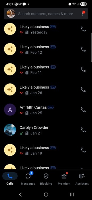 Viewing call history with Truecaller app.