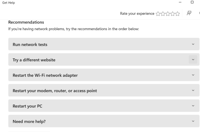 Windows Network Troubleshooter showing recommended steps