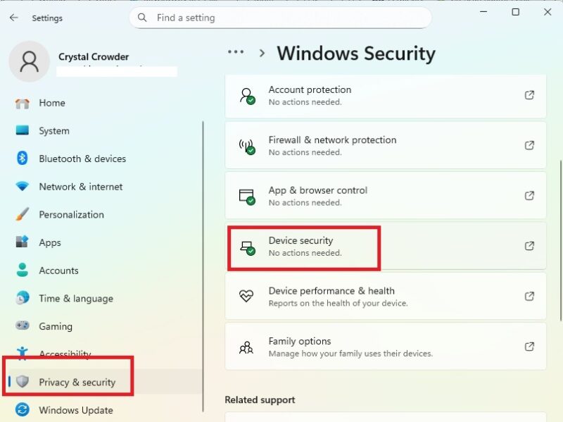 Accessing Device Security in Windows.
