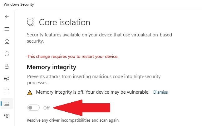 Turning off Memory Integrity to disable Virtual Secure Mode to prevent Windows shutdown bug.
