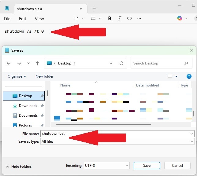 Creating a Windows shutdown script in Notepad.