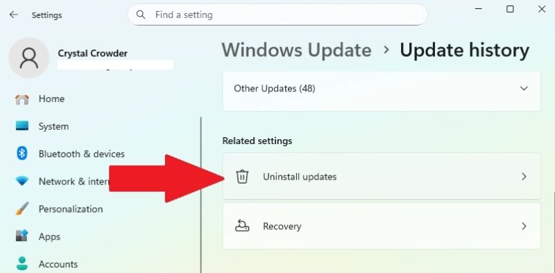 Uninstall updates in Windows Update.