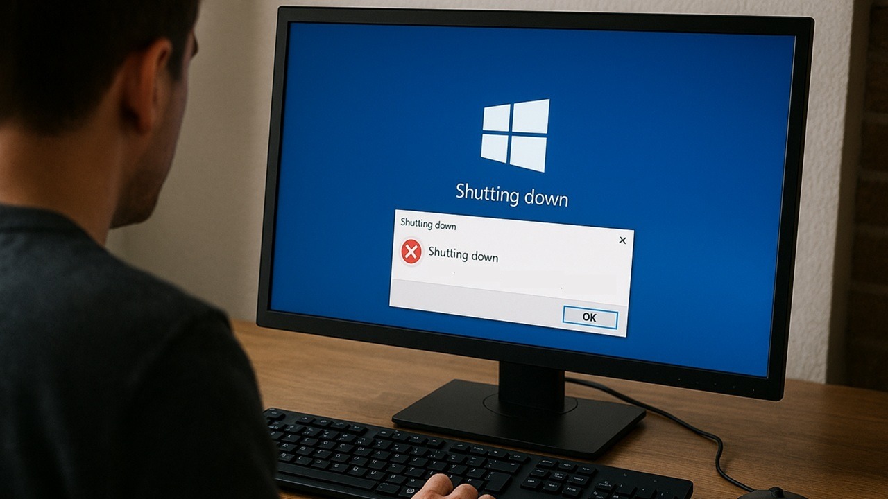 Person using Windows with a shutdown error on screen.