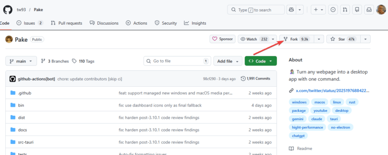 Click Fork On Pake Github Page
