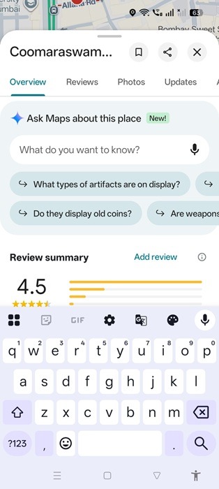 Description of a place in "Ask Maps" using Gemini in Google Maps.