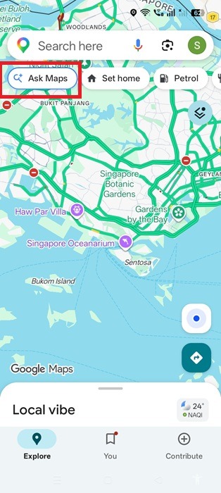 "Ask Maps" button in Google Maps homescreen on Android device.