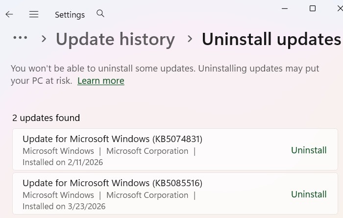 Uninstalling Windows 11 updates for February and March 2026.