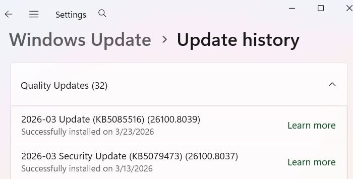 Wndows11 Update History for March 2026.