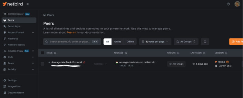 Netbird Peers section