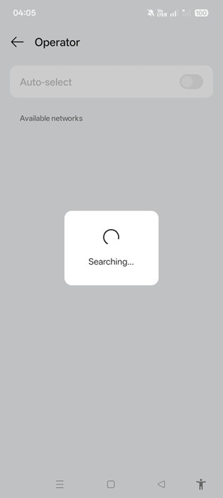 Manually searching for operator networks on an Android phone.