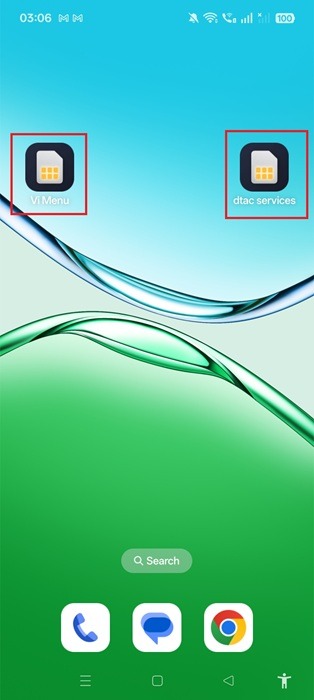 An Android phone with 2 "SIM Toolkit" (STK) apps side by side named after carriers.