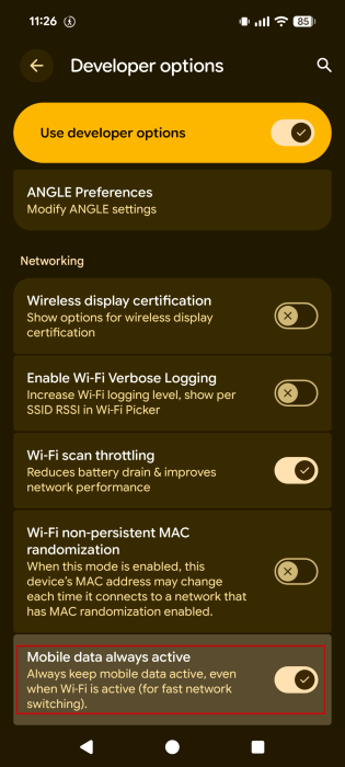 Toggling off "Mobile data always active" option in Developer options on Pixel phone. 