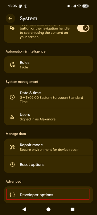 View of "Developer options" menu in Android Settings.