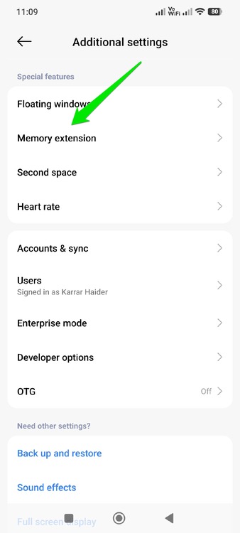 Android Settings showing Additional settings