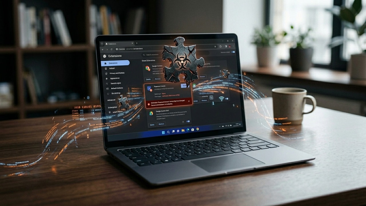Laptop on a table with Chrome extensions page and a solid infect extension icon on display