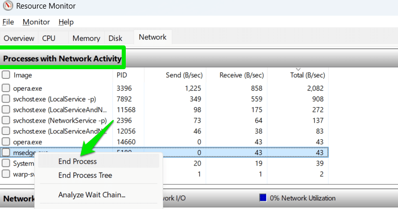 Closing a Process in Resource Monitor