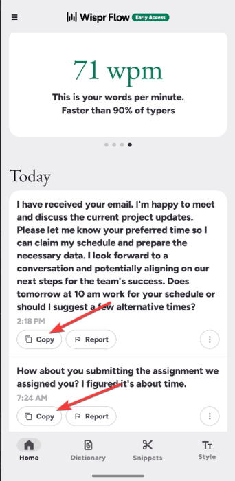 Copy Dictation Manually In Wispr Flow