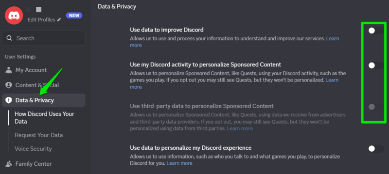 Disabing Discord data collection features