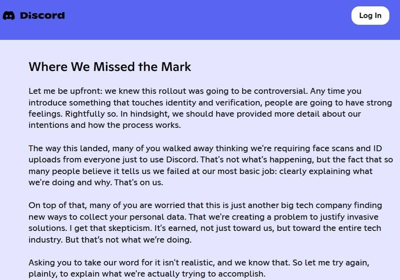 Announcement from Discord founder about how they missed the mark on Discord era verification.