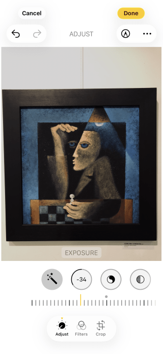Adjusting "Exposure" for photo in Photos app on iPhone.