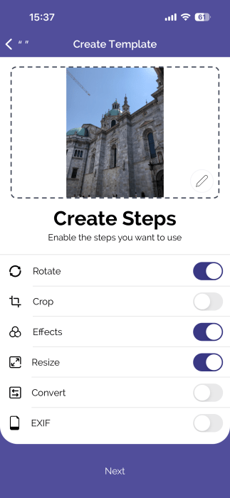 Creating editing template in eZy Edit app on iPhone.