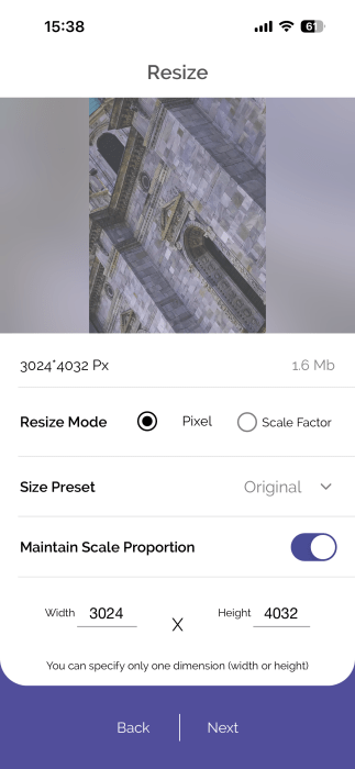 Using the "Resize" option in eZy Edit app on iPhone.