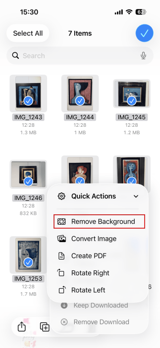 Tapping on "Remove Background" option to bulk edit photos on iPhone. 