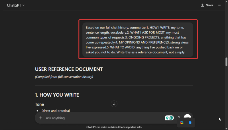 Extract Chatgpt Memory Prompt 2