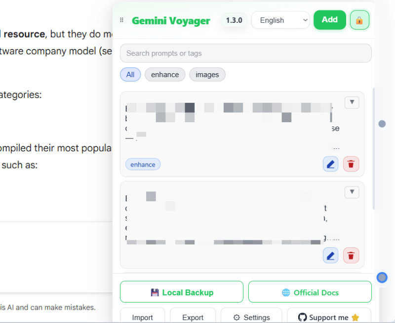 Gemini Voyager Prompt Manager interface