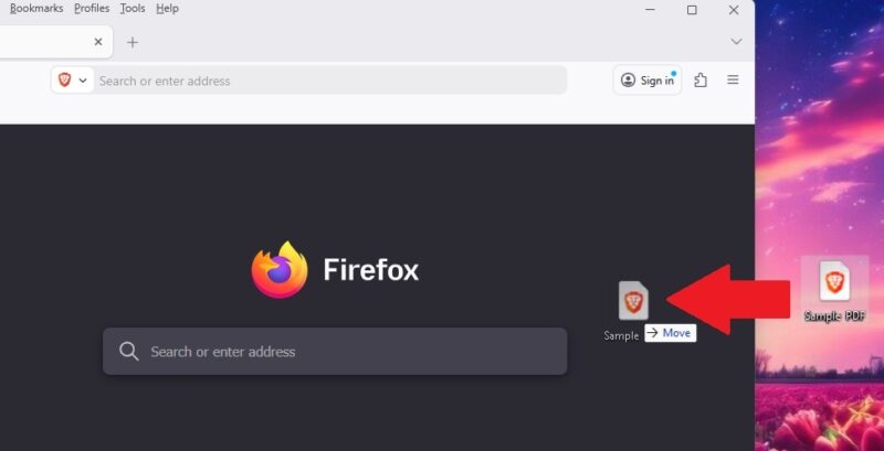 Dragging a PDF file into Firefox to open it in the browser.