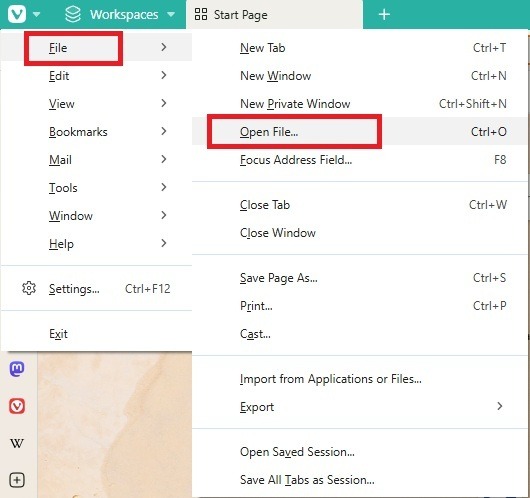 Opening a file using the menu bar.