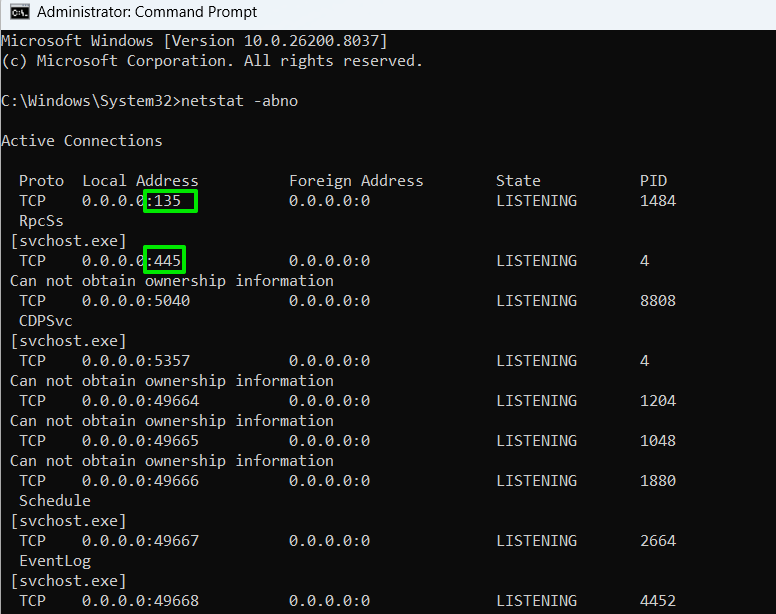 Netstat Ports information in CMD