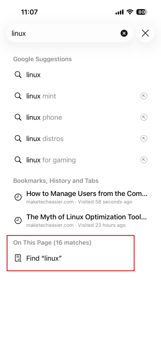 Tapping on "On This Page" option in Safari browser on iPhone.