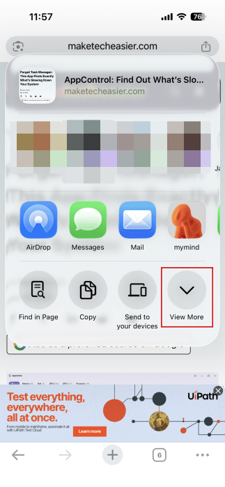 Selecting "View More" option in Share menu in Chrome on iPhone.