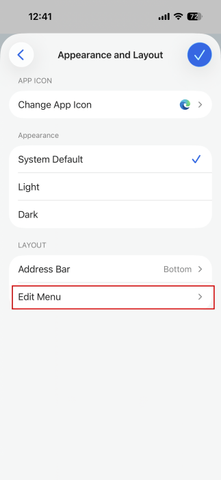 Selecting "Edit Menu" option in Edge browser on iPhone. 