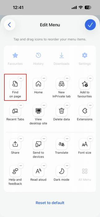 Moving "Find on Page" option to top of Edge menu on iPhone. 