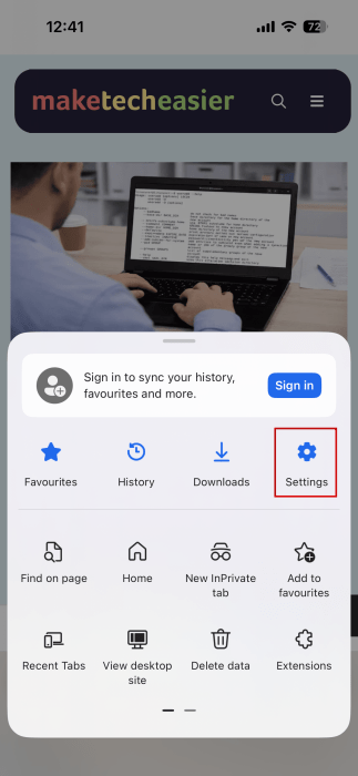 Accessing Settings in Edge browser on iPhone. 