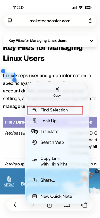 Tapping on "Find Selection" option in context menu for selected word on webpage on iPhone.