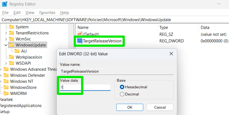 Target Release Registry key