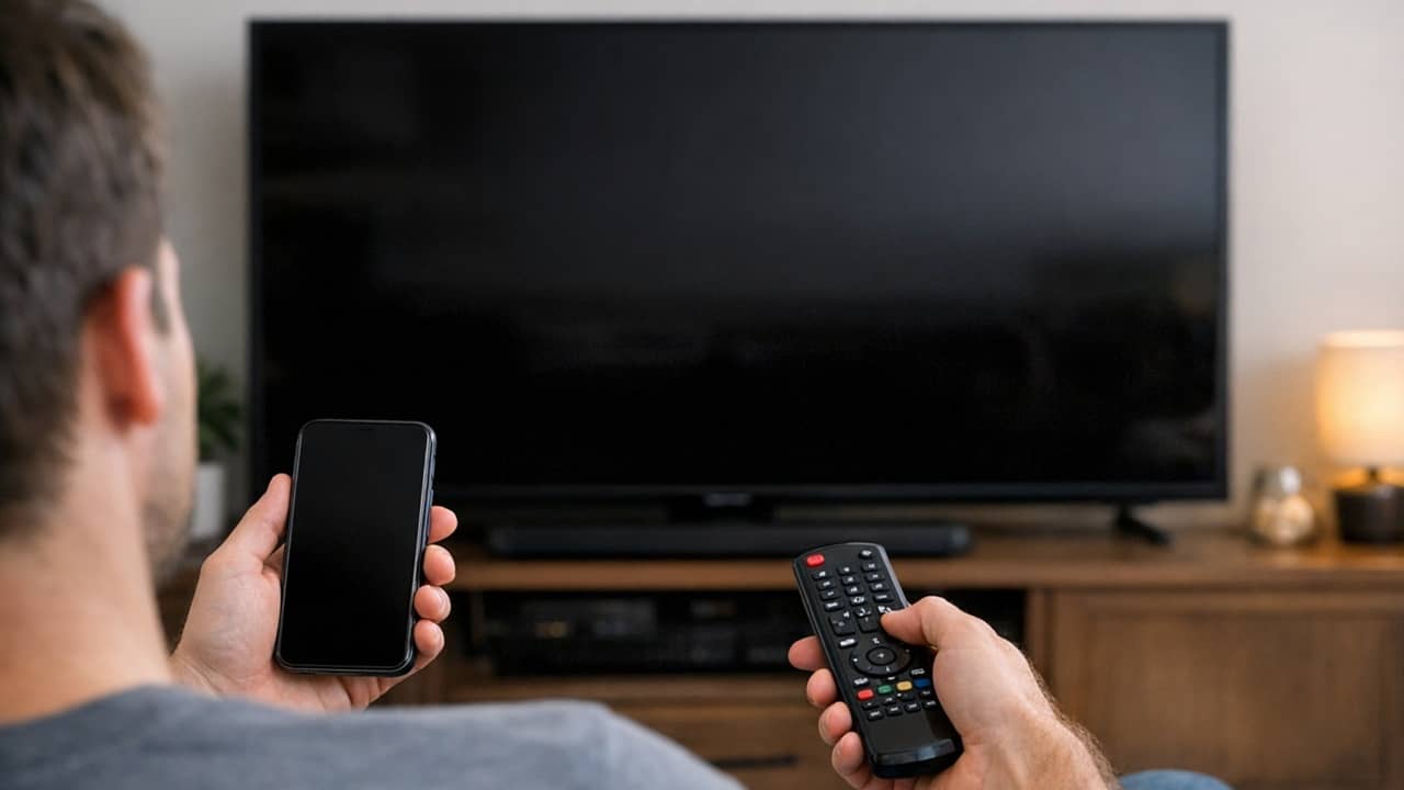 Person sitting in front of a TV with a phone in one hand and a remote in the other.