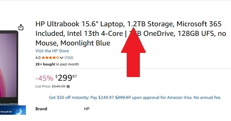 Odd storage total on an HP laptop on Amazon.