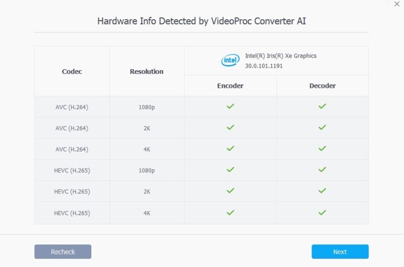 Hardware check when installing VideoProc.