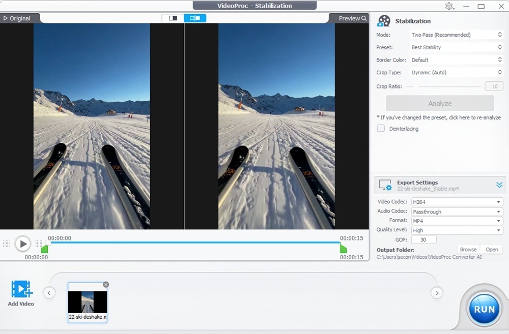 Stabilizing a ski video clip.