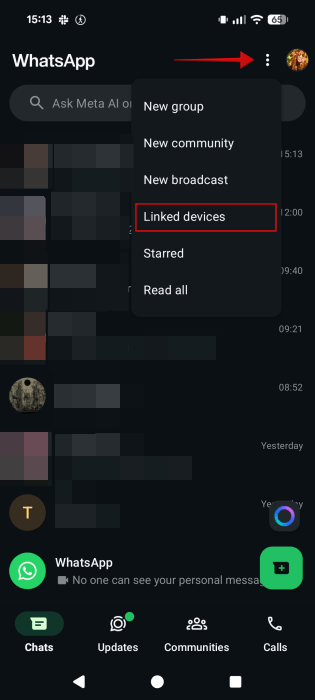 Accessing "Linked devices" from the Android WhatsApp app. 